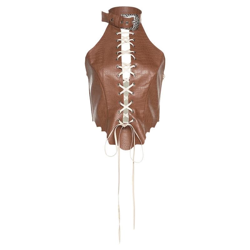 Lace up PU leather contrast halter buckle backless top