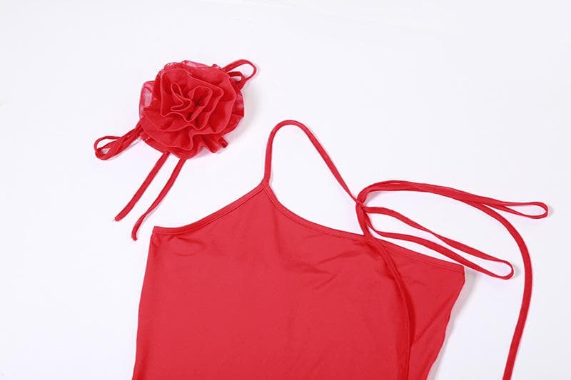 Solid one shoulder irregular ruffle flower applique maxi dress  | red tango dress
