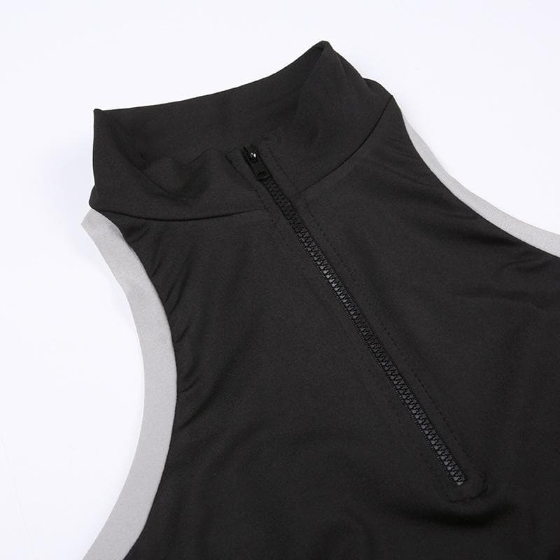 High neck contrast sleeveless zip-up hollow out backless cut out top