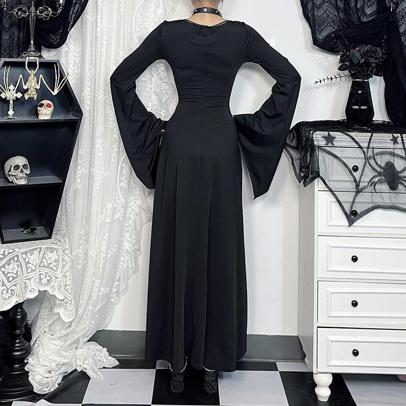 Long flared sleeve v neck embroidery maxi dress