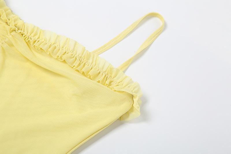 Mesh ruffle solid backless cami maxi dress