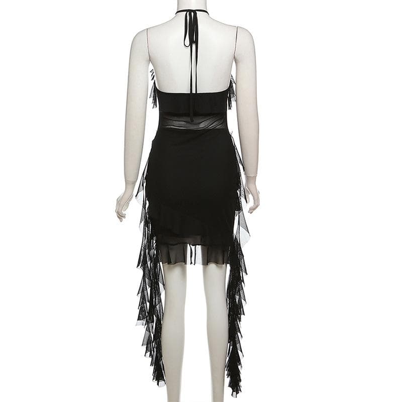 Halter sheer mesh ruffle backless mini dress  | red tango dress  | samba dress