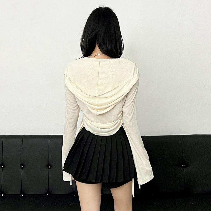 Hoodie long sleeve button drawstring ruched top