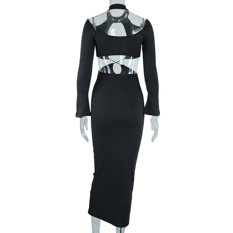 Hollow out cross front solid long sleeve halter midi dress  | black rave dress  | black rave dress