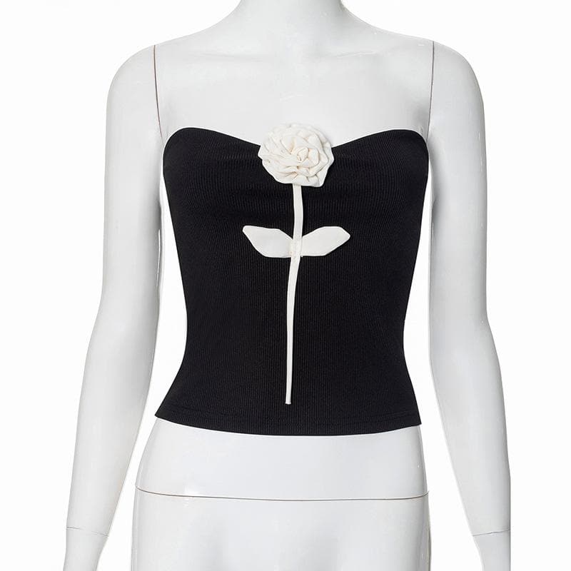 Rose applique ribbed backless tube top
