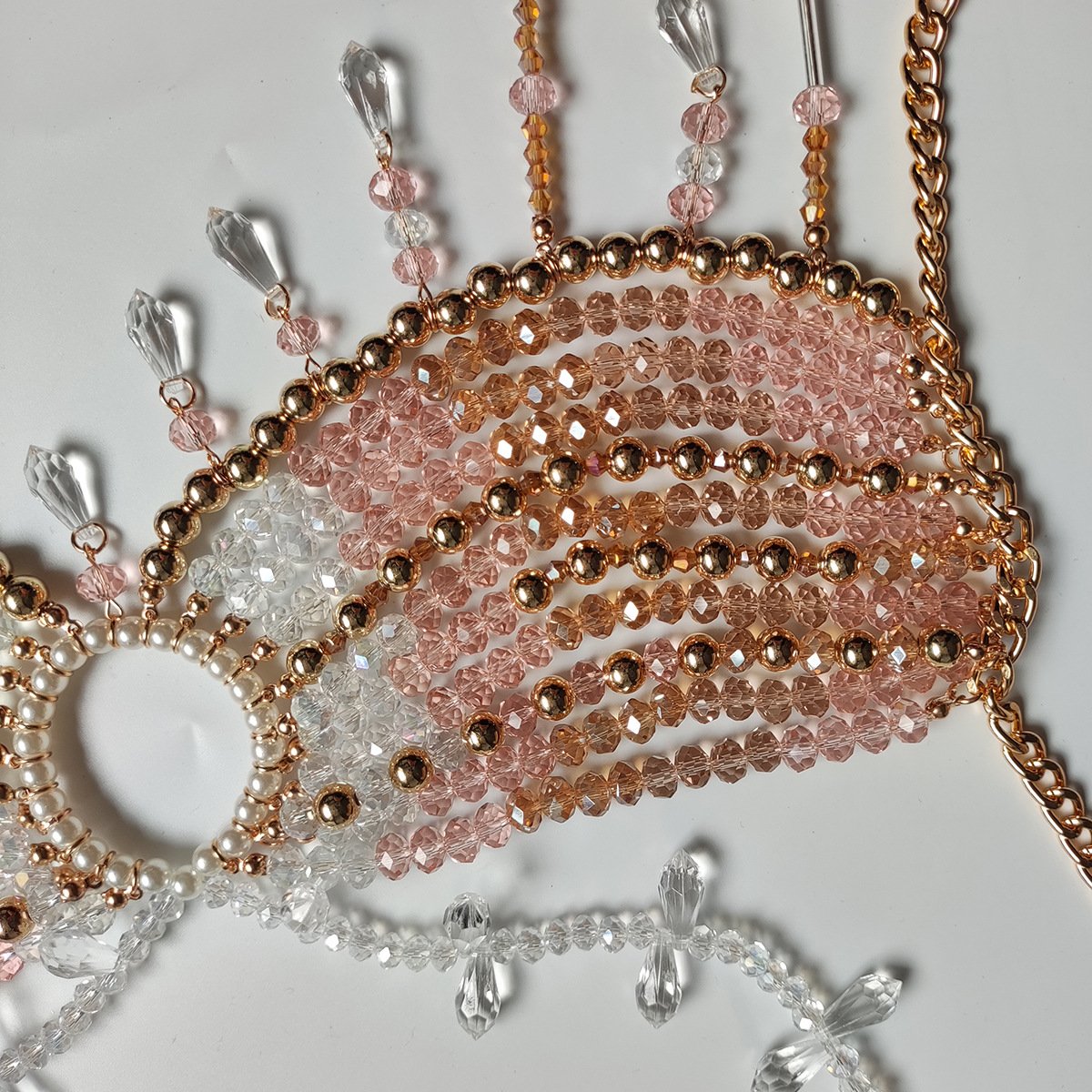 Halter crystal beaded tassels hollow out crop top