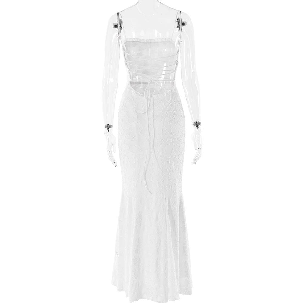 Ruffle lace up backless lace hem cami maxi dress