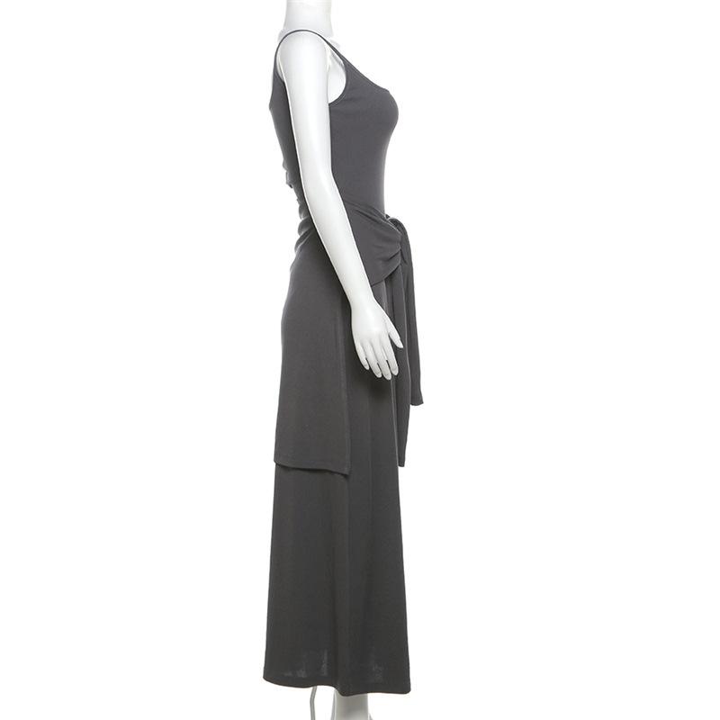 U neck knotted solid backless cami maxi dress