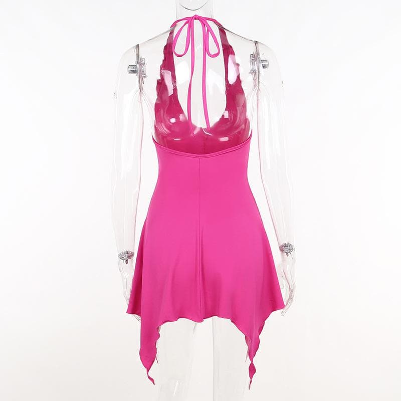 Halter flower applique backless ruffle u neck solid mini dress  | red tango dress