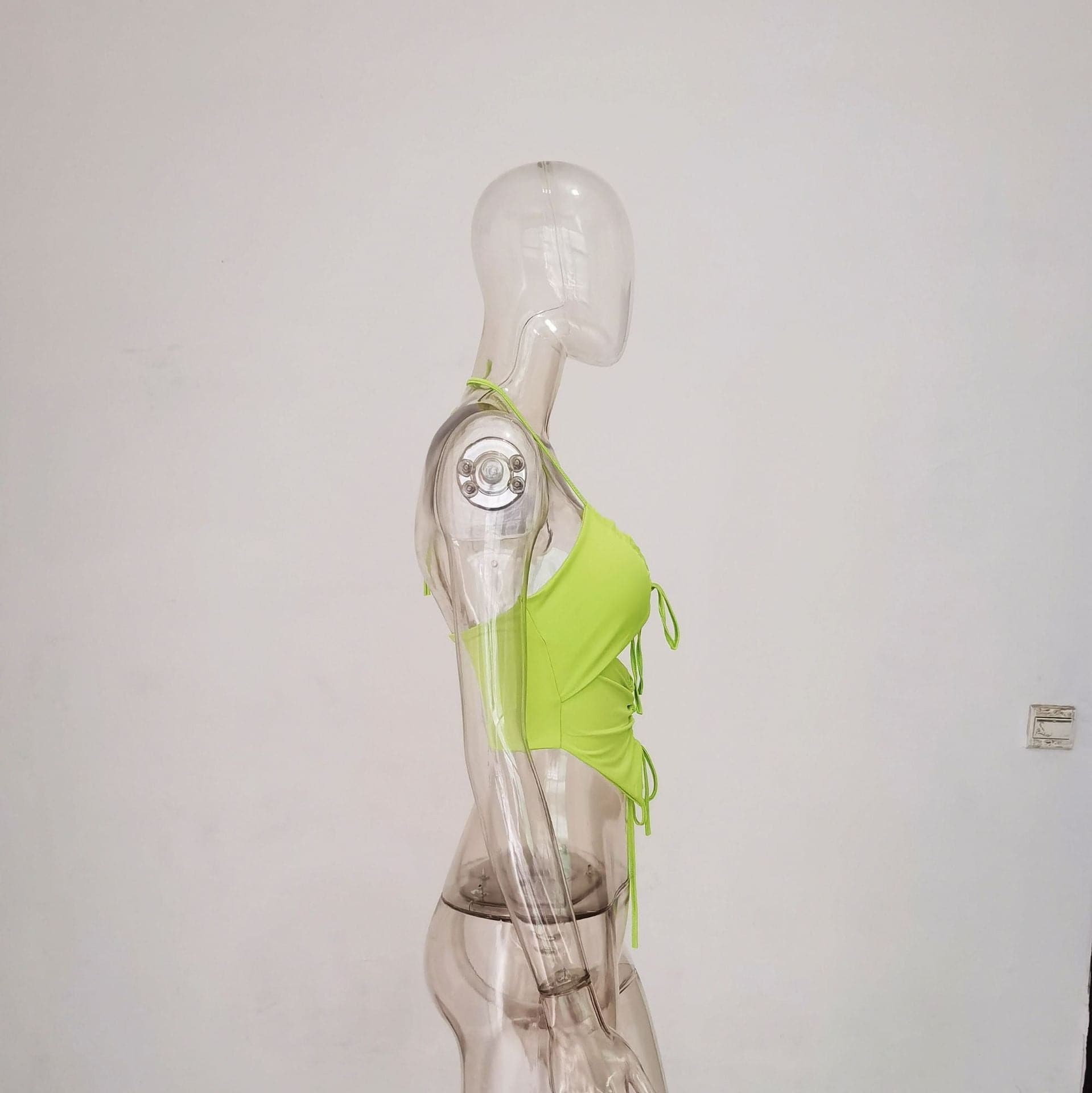 Double layered halter drawstring hollow out ruched solid crop cut out top