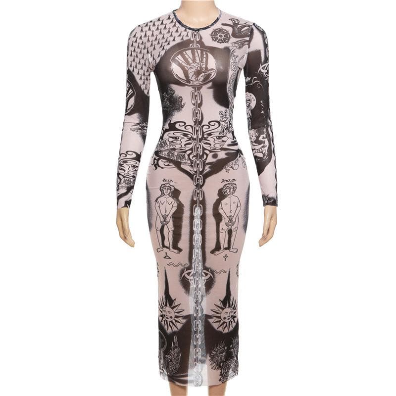 Sheer mesh abstract contrast see through long sleeve maxi dress  | samba dress