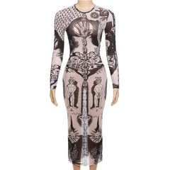 Sheer mesh abstract contrast see through long sleeve maxi dress  | samba dress