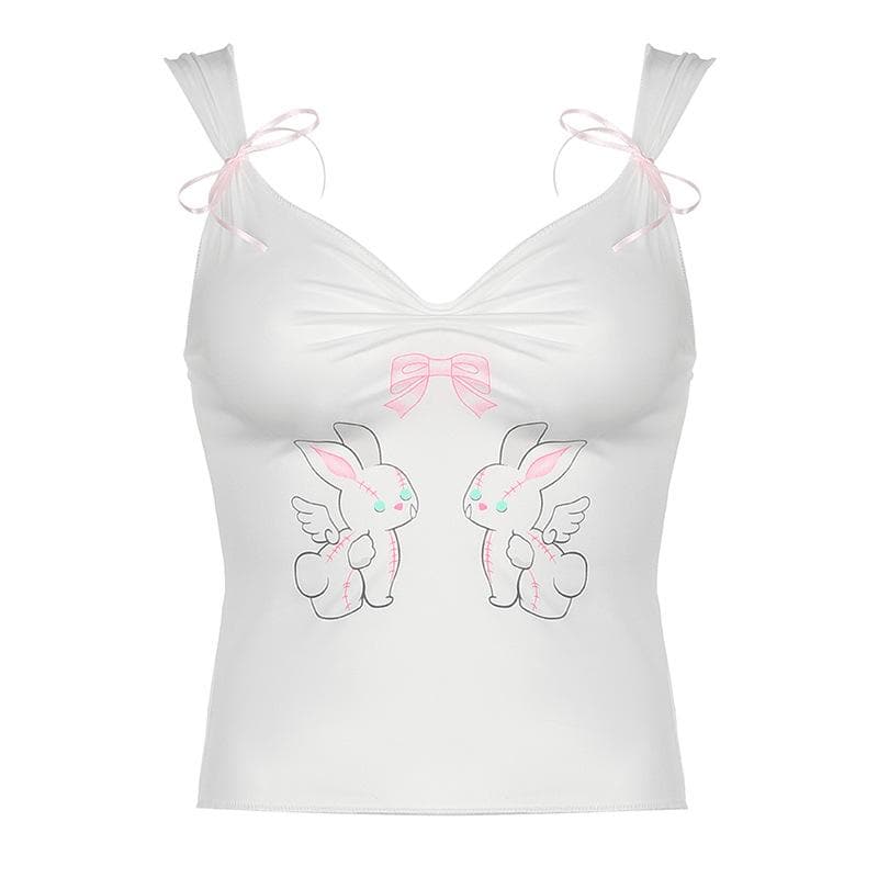 Bowknot rabbit print ruched v neck cami top
