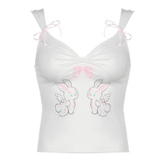 Bowknot rabbit print ruched v neck cami top