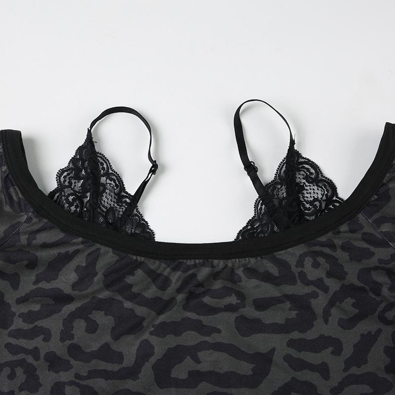 Leopard print long sleeve lace hem off shoulder top