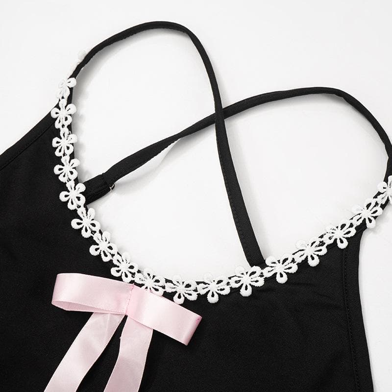 Bowknot ribbon lace hem u neck cross back backless cami mini dress  | black rave dress
