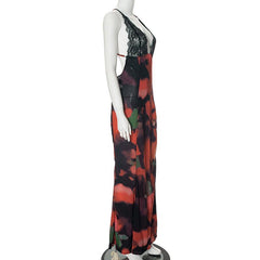 V neck lace hem backless print cami maxi dress  | red tango dress