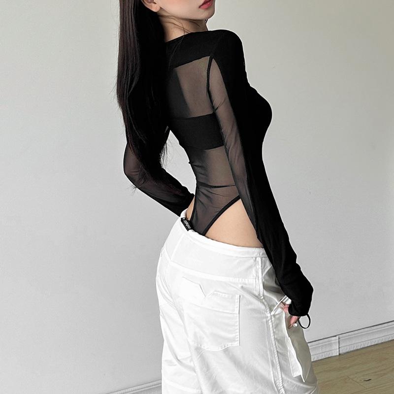 Hollow out long sleeve gloves button mesh bodysuit