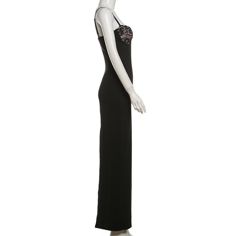 Sweetheart neck lace slit patchwork cami maxi dress
