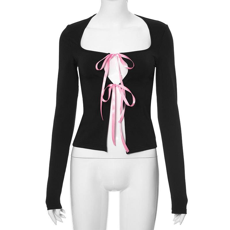 Long sleeve bowknot hollow out ribbon top