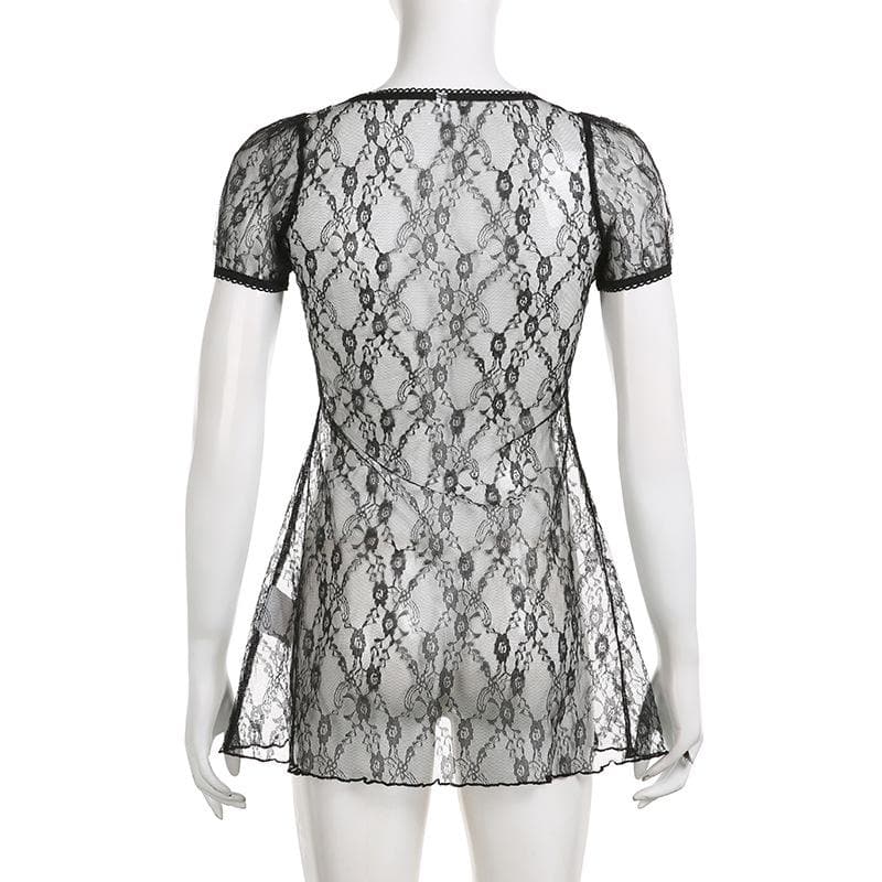 Lace short sleeve button see through ruffle solid top