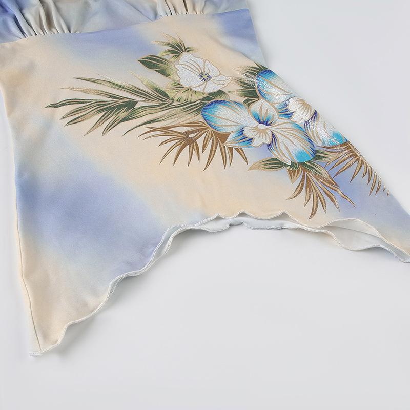 Halter v neck print tie dye ruched knotted backless top