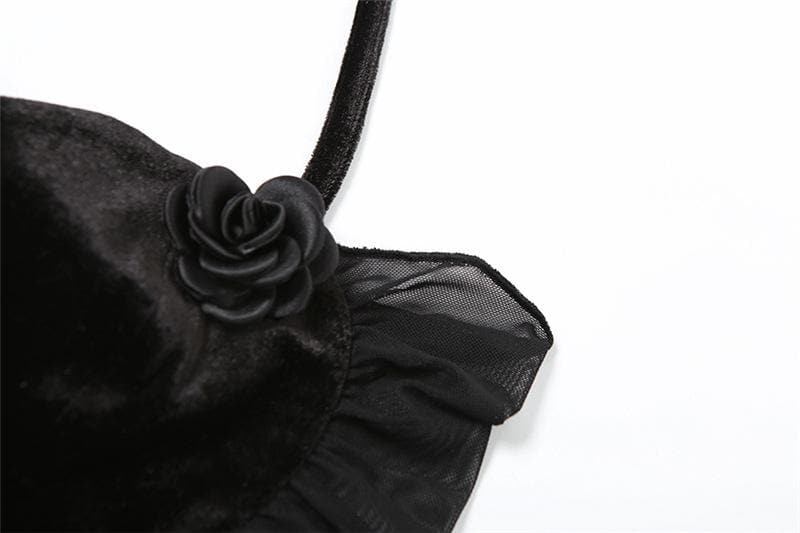 Halter flower applique velvet mesh self tie crop top