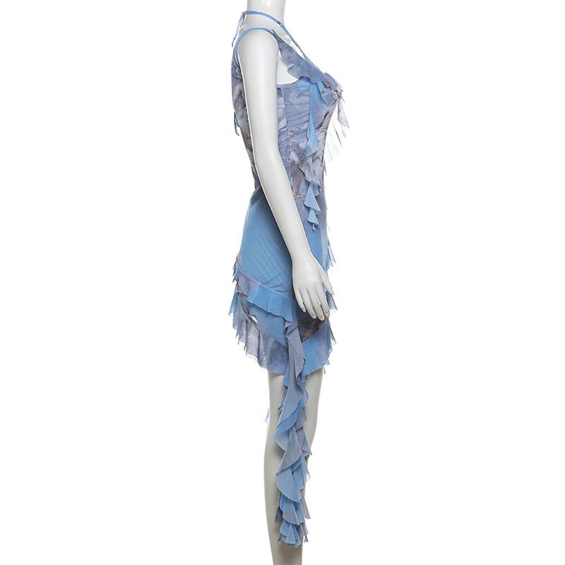 Halter print ruffle irregular u neck cami mini dress
