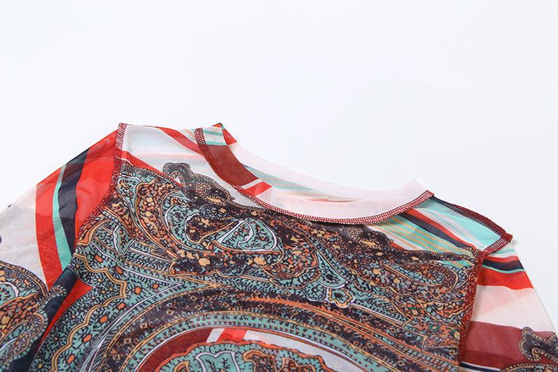 Long sleeve crewneck mesh abstract print top