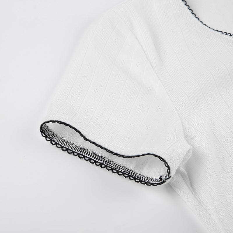 Short sleeve lace up textured lace hem top