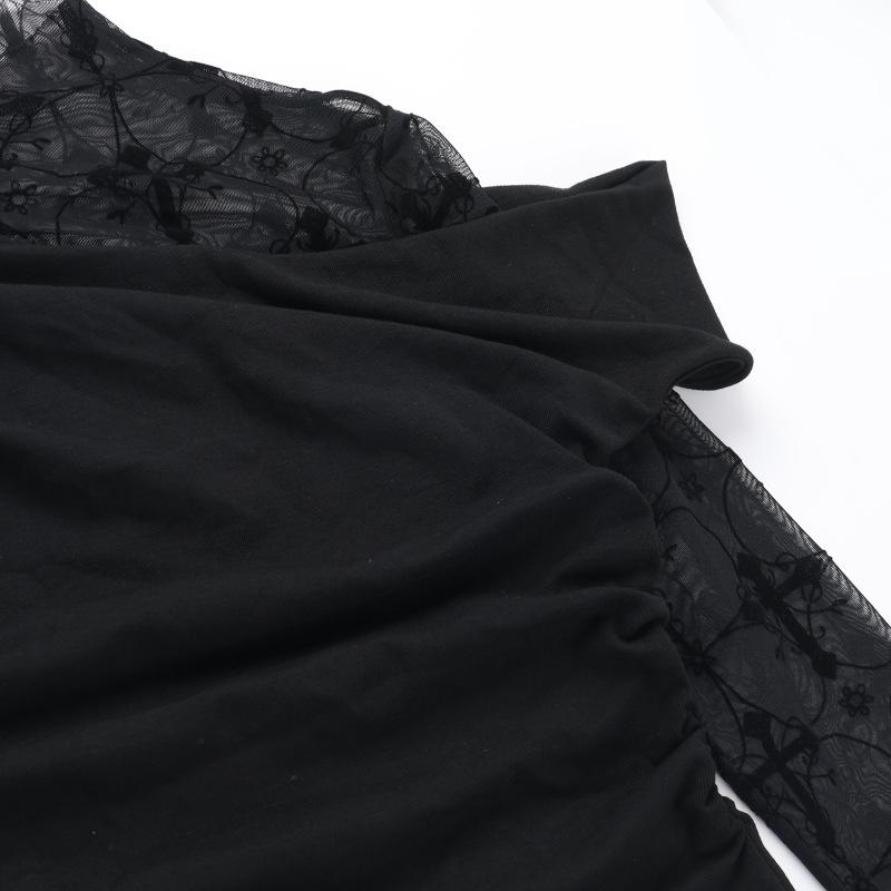 Long sleeve cross pattern mesh patchwork top