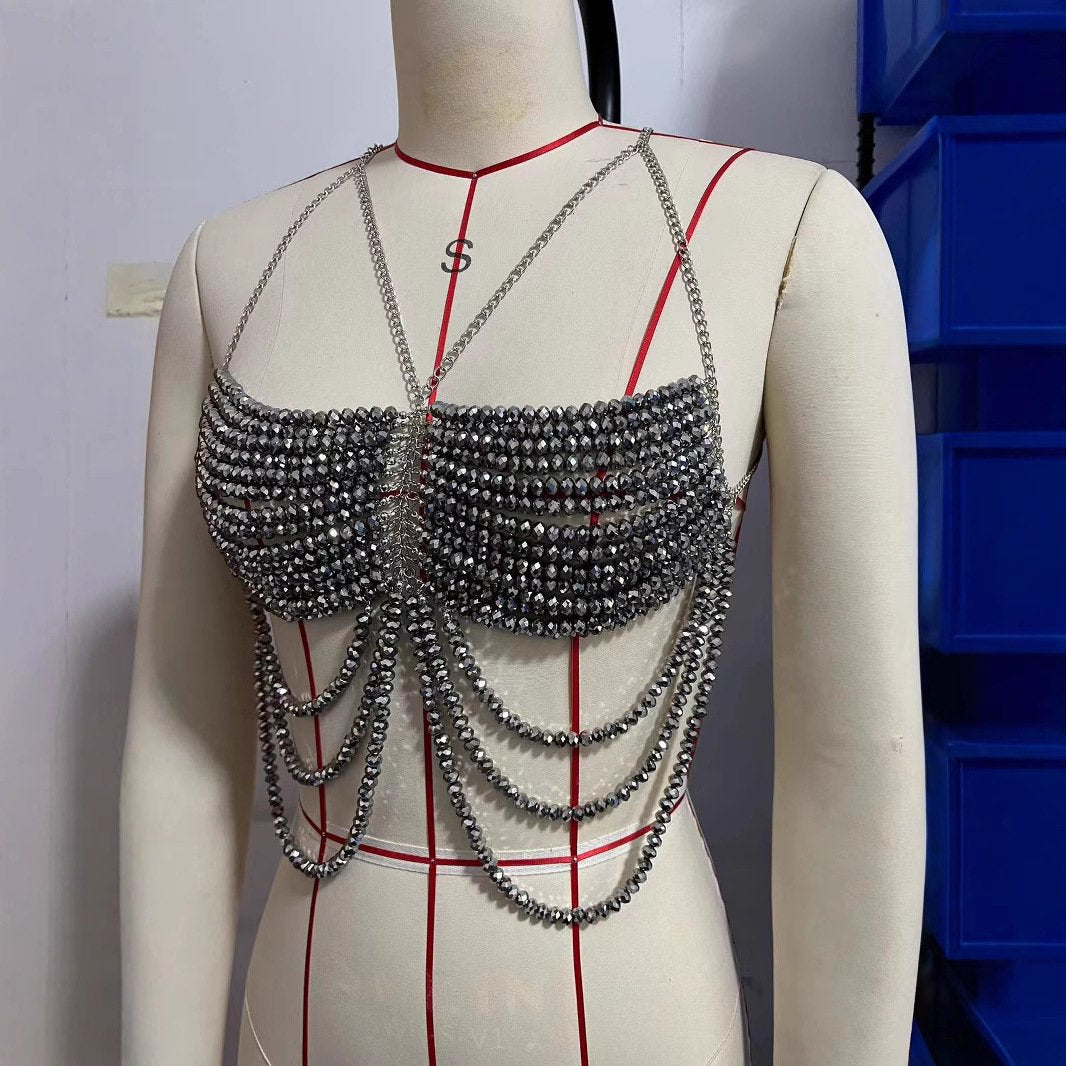 Beaded metal chain hollow out cami top