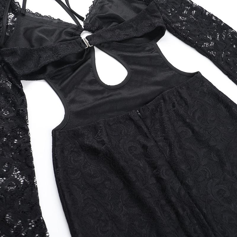 Halter long sleeve lace hollow out o ring mini dress