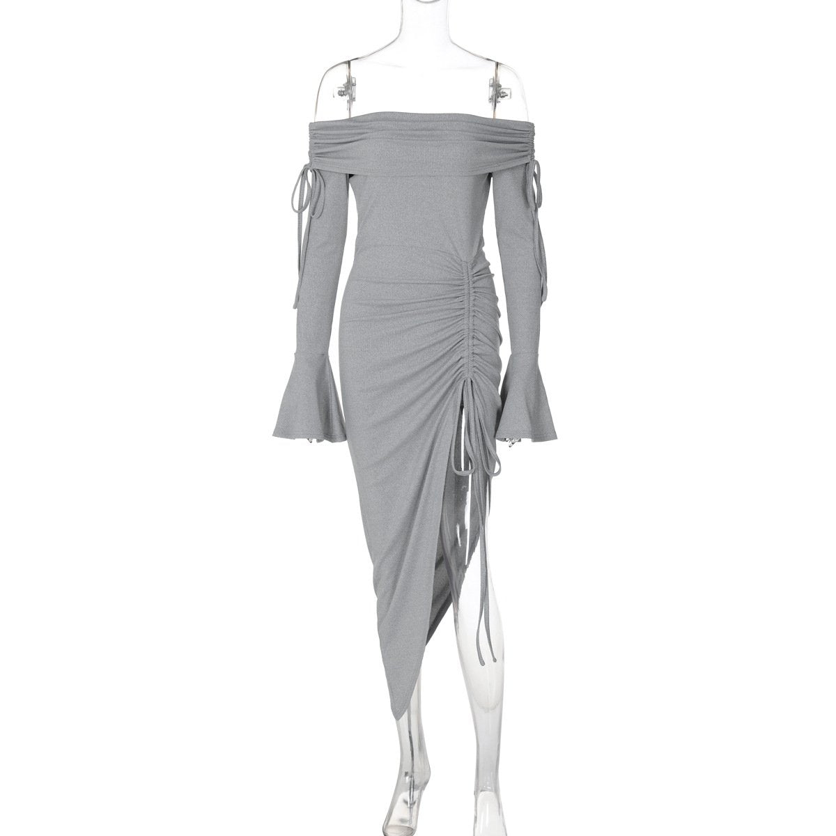 Off shoulder long flared sleeve drawstring ruched midi dress