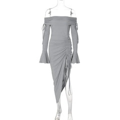 Off shoulder long flared sleeve drawstring ruched midi dress