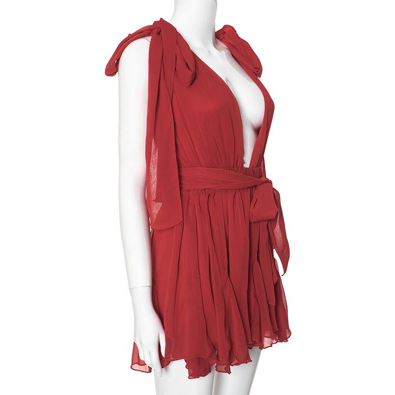 Deep v neck chiffon backless knotted ruffle mini dress  | red tango dress