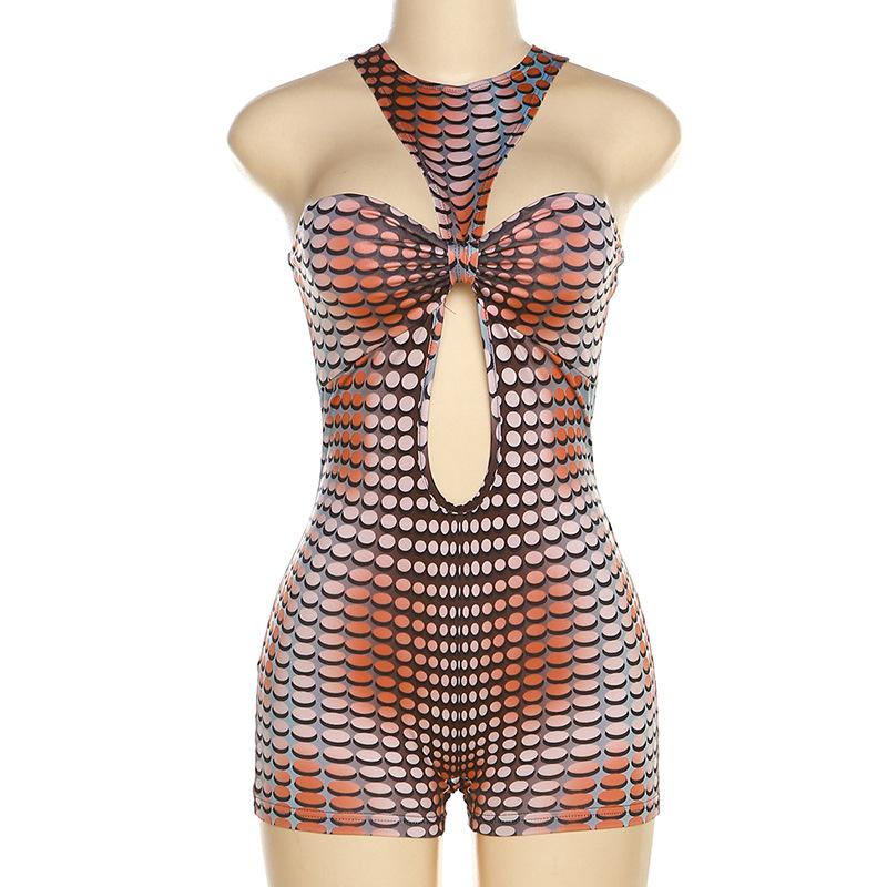 Crewneck polka dot print hollow out romper