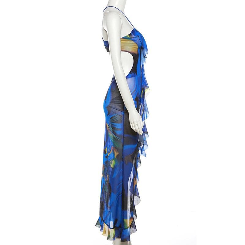 Cross front backless sheer mesh see through slit contrast print maxi dress  | samba dress