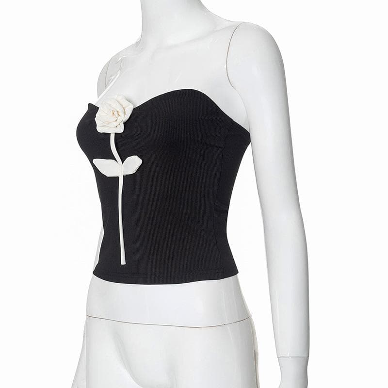 Rose applique ribbed backless tube top