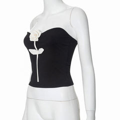 Rose applique ribbed backless tube top