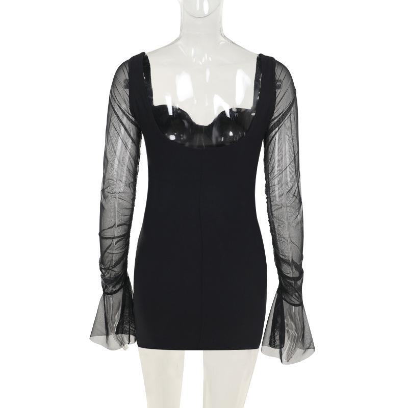 Sweetheart neck long sleeve mesh mini dress