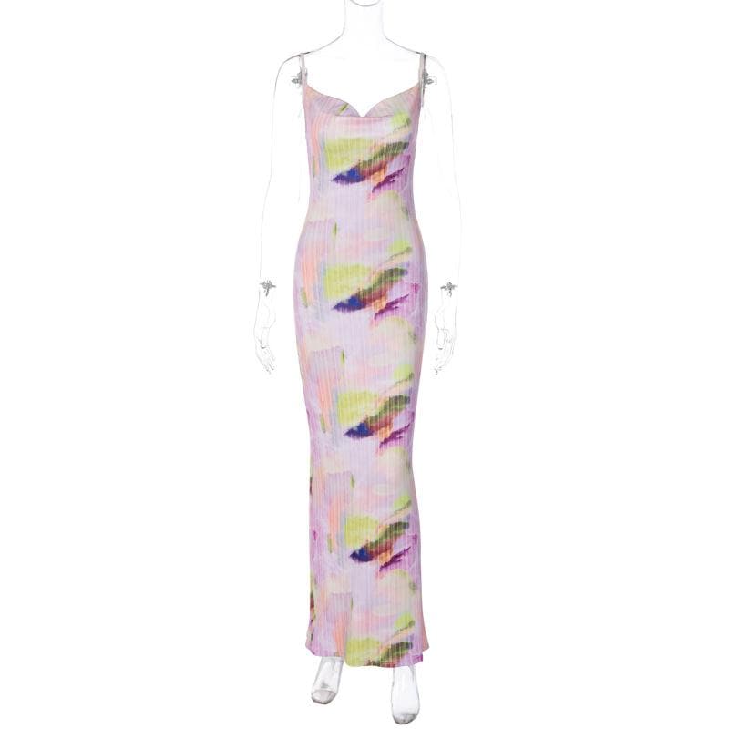 Backless cowl neck v neck contrast print cami maxi dress  | red tango dress