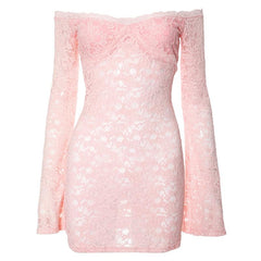 Long flared sleeve off shoulder lace see through mini dress  | red tango dress