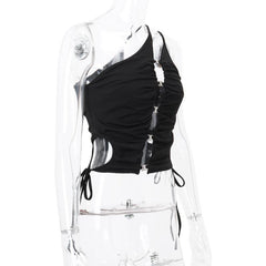 One shoulder hollow out metal buckle self tie crop top