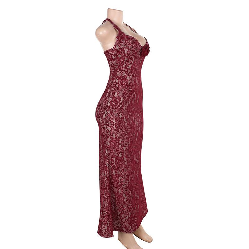 Halter lace flower applique maxi dress