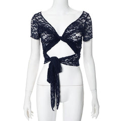 Short sleeve lace 2-way see through top
