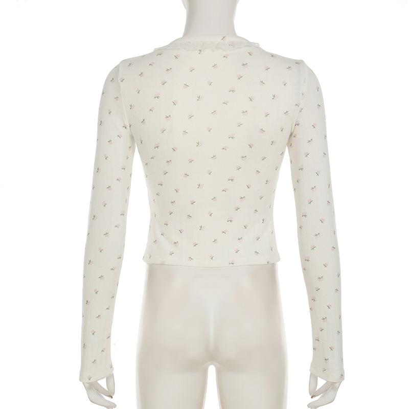 Long sleeve textured flower print button lace hem top