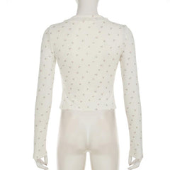 Long sleeve textured flower print button lace hem top