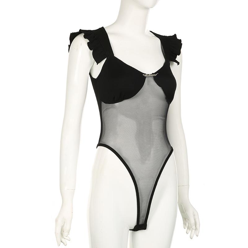 Mesh ruffle v neck metal tag bodysuit