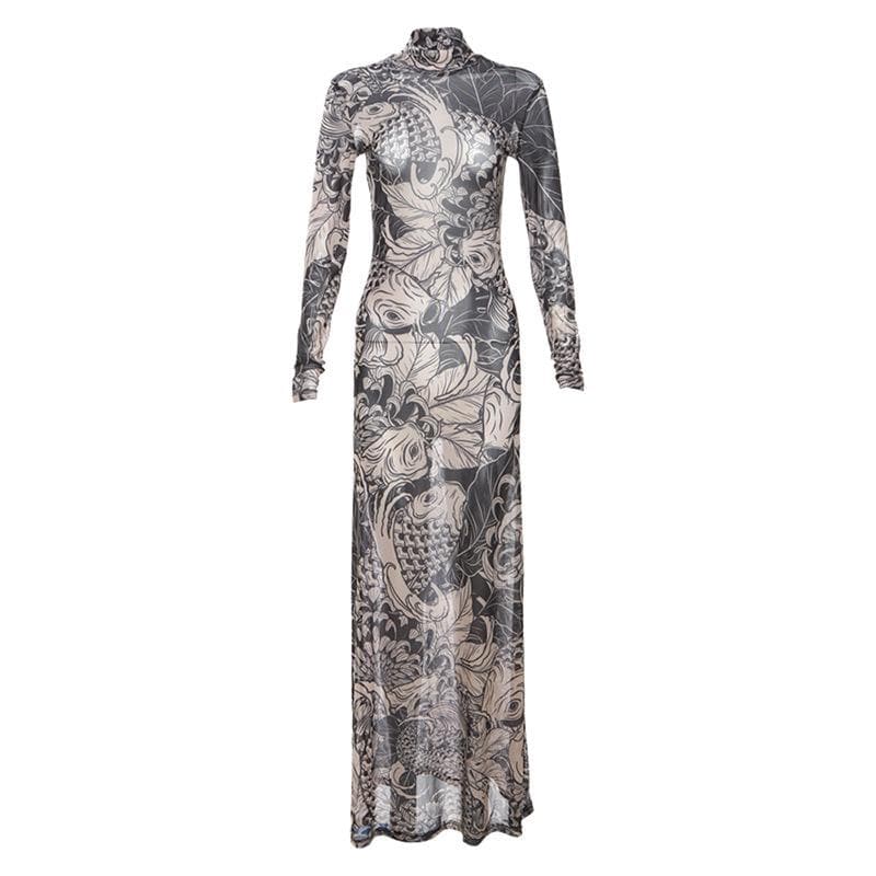 Sheer mesh see through abstract long sleeve high neck maxi dress  | samba dress